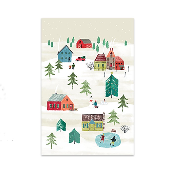 Kortin kuvituksessa hauska piiretty kylämaisema