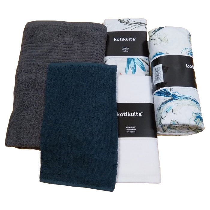 Settiin kuuluu aluslakana, pussilakana, tyynyliina, kylpypyyhe ja kasvo-/käsipyyhe