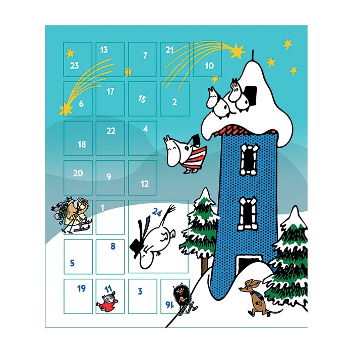 Jouluinen Muumi kuvakalenteri missä Muumilaakson väki leikkii lumileikkejä