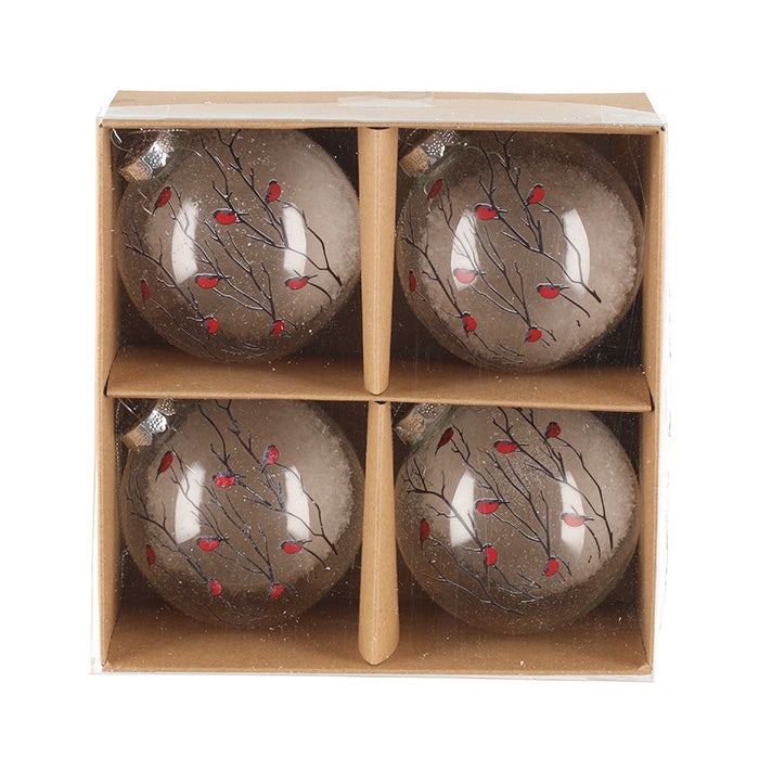 Lasiset joulukoristeet kuuseen tai ikkunaan. Palloissa punatulkkuja oksalla.