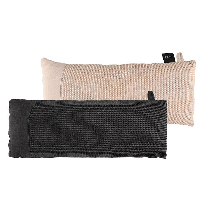 Vohvelikankaiset saunatyynyt vaalean ja tummanharmaan värisenä.