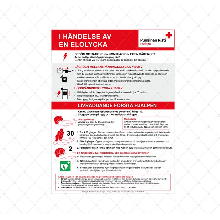 Sähkötapaturman sattuessa hätäensiapuohjetaulu, ruotsinkielinen