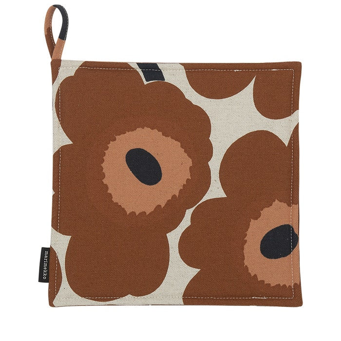 Ruskeasävyinen Marimekon Unikko patalappu