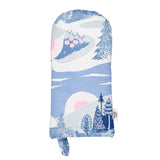 Muumi uunikintaassa sinisävyinen kuvitus Muumilaaksosta.