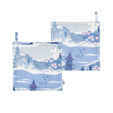 Palapuissa on kaunis sinisävyinen kuvitus Muumilaaksosta.