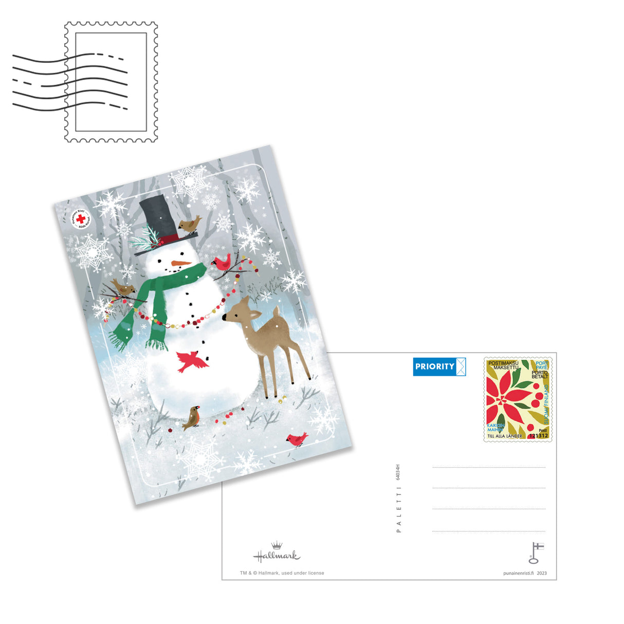 Joulukortti Lumiukko ja eläimet