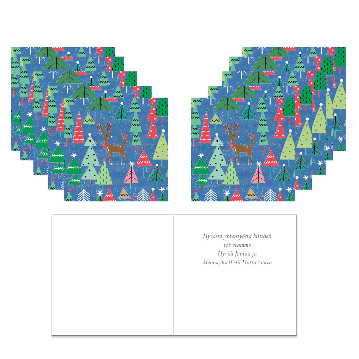 Joulukortti Poro kuusimetsässä, 10 liiketekstillä