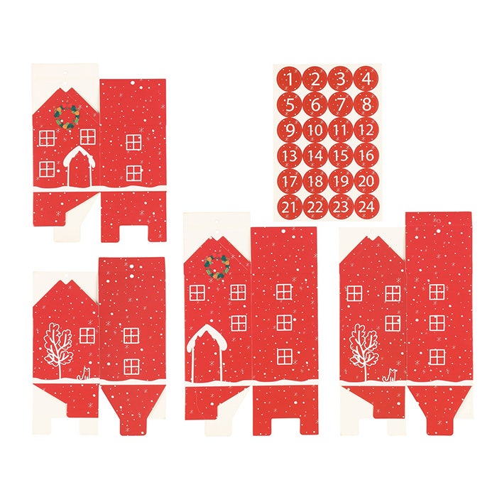 Pakkauksessa on 24 koottavaa taloa sekä numerotarrat.