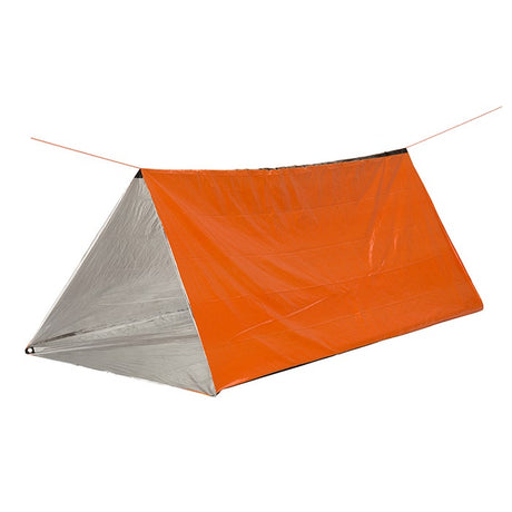 Oranssi hätäteltta suojaa tuulelta, sateelta sekä kylmältä ja liialta kuumuudelta. Menee pieneen tilaan retkirepussa.