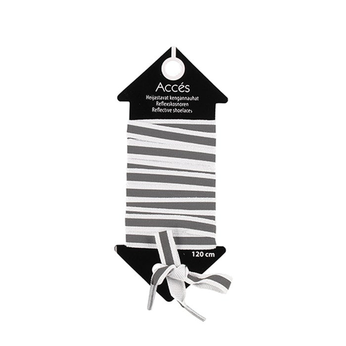 Kuvassa valkoiset kengännauhat, joissa on pimäessä heijastava harmaa raita