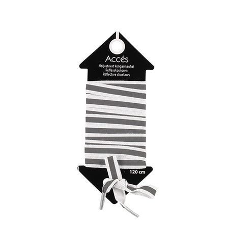 Kuvassa valkoiset kengännauhat, joissa on pimäessä heijastava harmaa raita