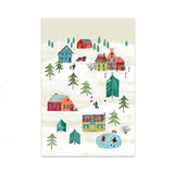 Kortin kuvituksessa hauska piiretty kylämaisema