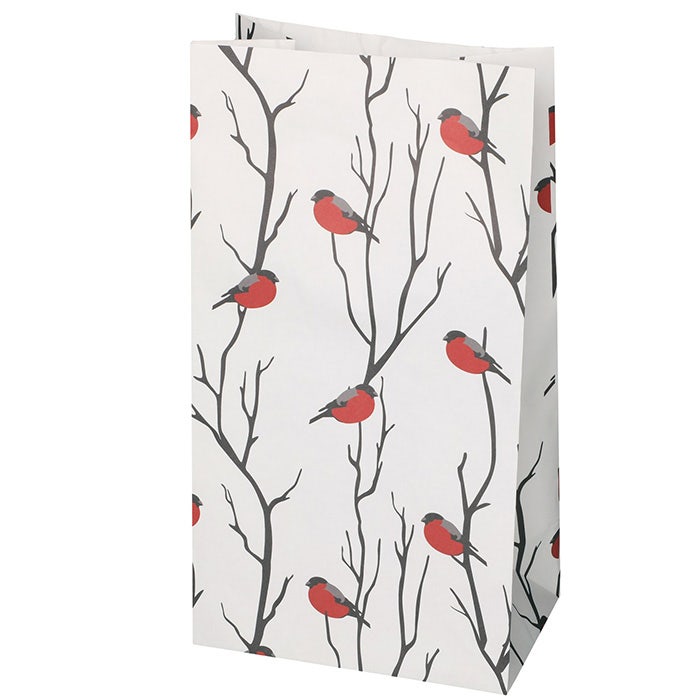 Paperinen lahjapussi, jossa punatulkkuja. Sopii joululahjojen paketoimiseen. 