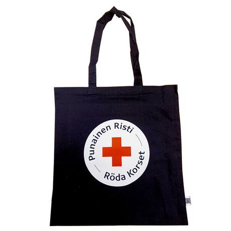 Musta kangaskassi Punaisen Ristin logolla.