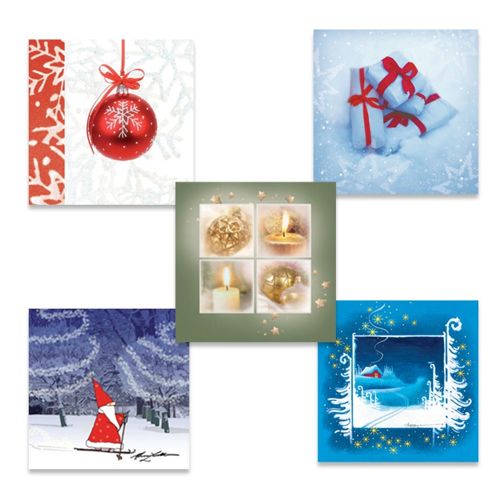 Pakkaus neliötaitekortteja, monikielinen joulutervehdys