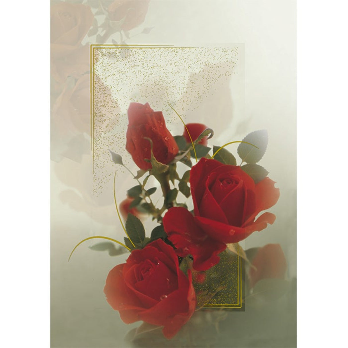 Kannessa on kauniita punaisia ruusuja ja kullanvärisiä yksityiskohtia