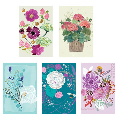 Viisi piirrettyä kukkakorttia