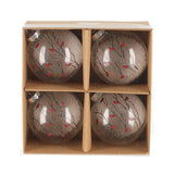 Lasiset joulukoristeet kuuseen tai ikkunaan. Palloissa punatulkkuja oksalla. 