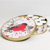 Tuikkuja metallirasiassa punatulkku