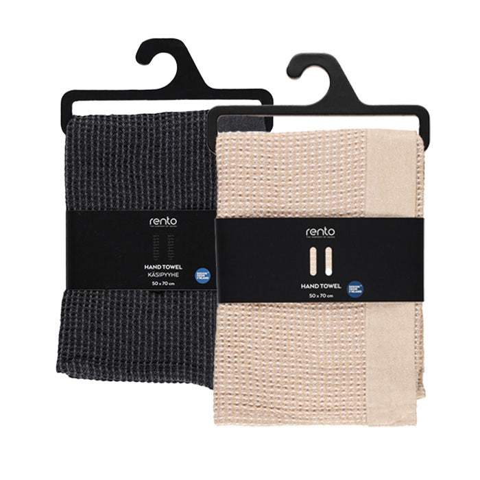Rento käsipyyhkeet vohvelikangasta vaalean ja harmaan värisenä Punaisen Ristin kaupasta. 