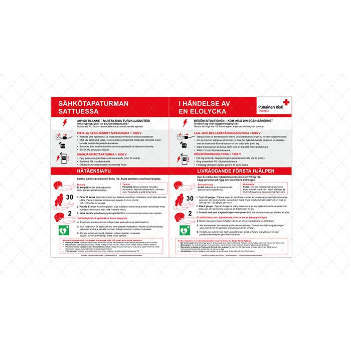 Suomi-ruotsi kaksikielinen ohjetaulu hätäensiapuun sähkötapaturman sattuessa