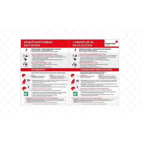 Suomi-ruotsi kaksikielinen ohjetaulu hätäensiapuun sähkötapaturman sattuessa