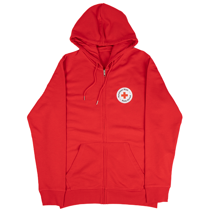 Punainen huppari jonka rinnassa on Punaisen Ristin logo.