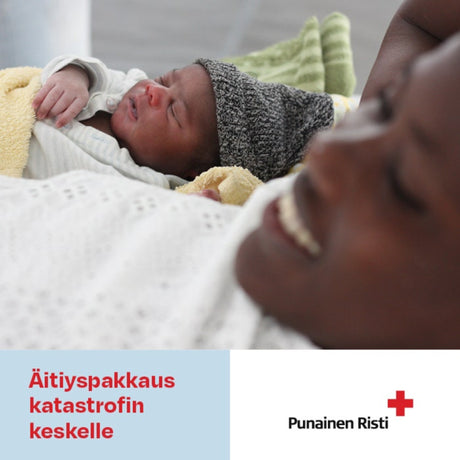 Äitiyspakkaus katastrofin keskelle, vaikuttava lahja, painettu kortti