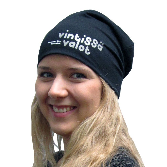 Heijastava trikoopipo hauskalla tekstillä